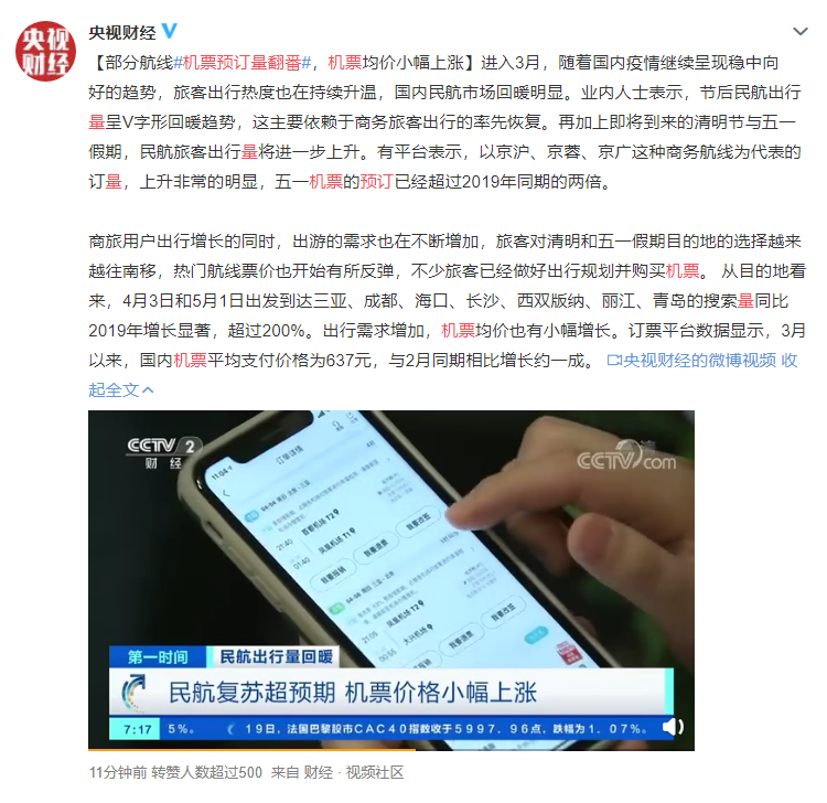 部分航線機(jī)票預(yù)訂量翻番！國(guó)內(nèi)民航市場(chǎng)回暖明顯